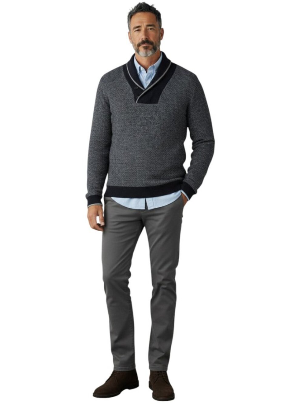 Armani Exchange AX Men's Gray Shawl Collar Button-Neck Wool Sweater Navy Blue